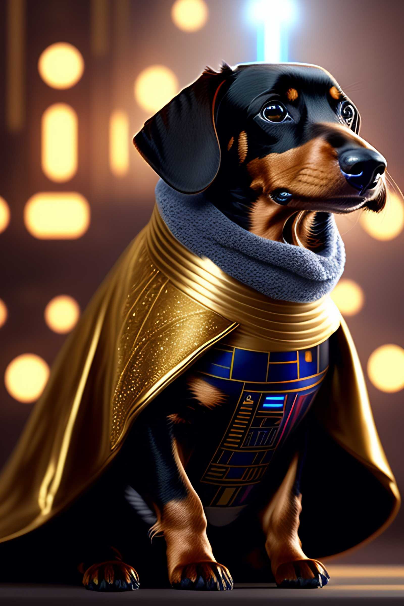 Star Wars scene artificial intelligence: a small black and brown dachshund wearing a golden Jedi knight cape holding a blue lightsaber in its left paw, with R2D2 and 3PO in the background, art station trends, concept art, highly detailed, complex, sharp focus, digital art, 8k
