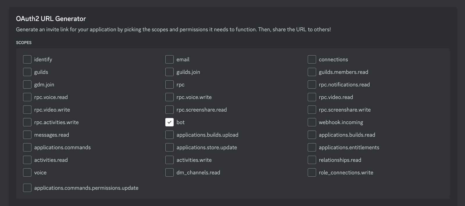 Choose the type of discord application in OAuth2